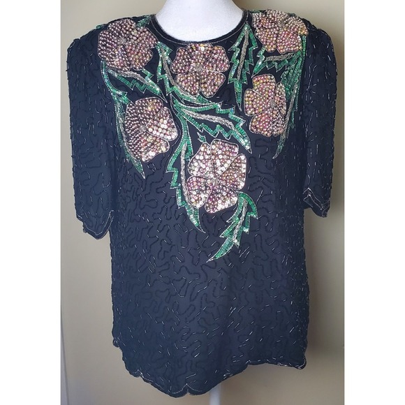 Scala Tops - Vintage Scala Silk Beaded Sequin Floral‎ Dark Romantic Glam Hollywood 80's Party